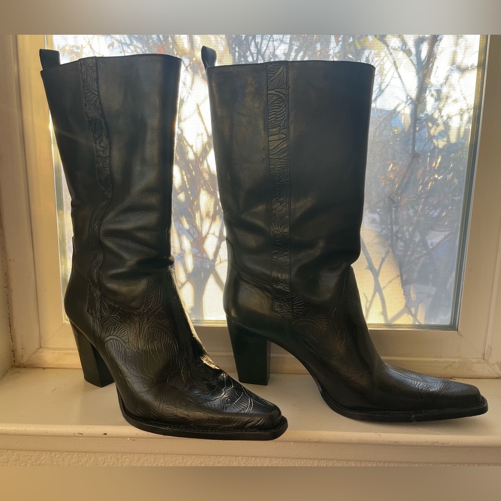 Italian Leather Embossed Heeled Boots